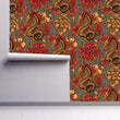 Load image into Gallery viewer, Gothic dragon floral fabric peel and stick wallpaper on wall partially rolled up