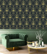 Load image into Gallery viewer, Black and gold vintage antique Art Deco fabric peel and stick wallpaper with green chair and coffee table