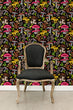 Load image into Gallery viewer, Pink and yellow dark mushroom cottagecore garden fabric peel and stick wallpaper with black chair