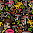Load image into Gallery viewer, Pink and yellow dark mushroom cottagecore garden fabric peel and stick wallpaper sample