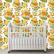Load image into Gallery viewer, Orange vintage antique Victorian cottage floral fabric peel and stick wallpaper in nursery with crib