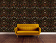 Load image into Gallery viewer, Dark mushroom cottagcore fairytale forest animals fabric peel and stick wallpaper with yellow sofa