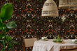 Load image into Gallery viewer, Dark mushroom cottagcore fairytale forest animals fabric peel and stick wallpaper with table, chairs and plant