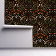 Load image into Gallery viewer, Dark mushroom cottagcore fairytale forest animals fabric peel and stick wallpaper on wall partially rolled up