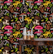 Load image into Gallery viewer, Pink and yellow dark mushroom cottagecore garden fabric peel and stick wallpaper with table and gold jars