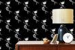 Load image into Gallery viewer, Black gothic skeleton mermaid cat fabric peel and stick wallpaper with cabinet, lamp and clock