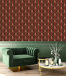 Load image into Gallery viewer, Vintage Art Decor geometric red and gold fabric peel and stick wallpaper with green velvet chair and coffee table