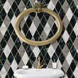 Load image into Gallery viewer, Black and grey vintage Art Deco geometric fabric peel and stick wallpaper with gold mirror and sink