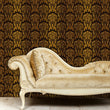 Load image into Gallery viewer, Black and gold Victorian gothic damask fabric peel and stick wallpaper with gold sofa