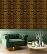 Load image into Gallery viewer, Black and gold Victorian gothic damask fabric peel and stick wallpaper with green chair and coffee table