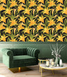 Load image into Gallery viewer, Yellow lily floral botanical fabric peel and stick wallpaper with chair and coffee table