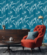 Load image into Gallery viewer, Blue bamboo botanical Asian fabric peel and stick wallpaper with red chair, table and cabinet