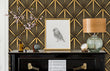 Load image into Gallery viewer, Black and gold vintage geometric Art Deco fabric peel and stick wallpaper with piano, lamp and picture