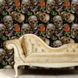 Load image into Gallery viewer, Black skull gothic bird botanical fabric peel and stick wallpaper with gold sofa