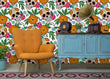 Load image into Gallery viewer, Sugar skull gothic floral fabric peel and stick wallpaper with blue cabinet, orange chair and vintage radio