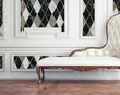 Load image into Gallery viewer, Black and grey vintage Art Deco geometric fabric peel and stick wallpaper with white antique sofa