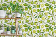 Load image into Gallery viewer, Green citrus limes vintage floral fabric peel and stick wallpaper with shelves with plants