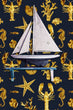 Load image into Gallery viewer, Blue and gold lobster and starfish nautical fabric peel and stick wallpaper with boat decoration
