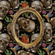 Load image into Gallery viewer, Black skull gothic bird botanical fabric peel and stick wallpaper with gold mirror