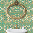Load image into Gallery viewer, Blue and gold antique Victorian Art Deco fabric peel and stick wallpaper with mirror and sink