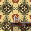 Load image into Gallery viewer, Red and black vintage Art Nouveau fabric peel and stick wallpaper with table and gold jars
