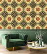 Load image into Gallery viewer, Red and black vintage Art Nouveau fabric peel and stick wallpaper with green chair and coffee table