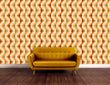 Load image into Gallery viewer, Bold orange and blue geometric retro vintage fabric peel and stick wallpaper with orange sofa