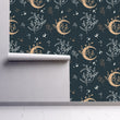 Load image into Gallery viewer, Witchy boho dark moon and stars fabric wallpaper on wall partially rolled up