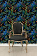 Load image into Gallery viewer, Black and blue dark topical botanical peacock fabric peel and stick wallpaper with black chair