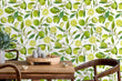 Load image into Gallery viewer, Green citrus limes vintage floral fabric peel and stick wallpaper with table and chairs