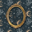 Load image into Gallery viewer, Witchy boho dark moon and stars fabric wallpaper with gold mirror