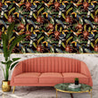 Load image into Gallery viewer, Tropical bird botanical floral fabric peel and stick wallpaper with pink sofa, table and plant