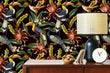 Load image into Gallery viewer, Tropical bird botanical floral fabric peel and stick wallpaper with cabinet, lamp and clock