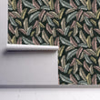 Load image into Gallery viewer, Moody Wallpaper, Dark Botanical Wallpaper, Pastel Fern Leaves Wallpaper, Eclectic Colorful Leaf Wallpaper, Removable Peel & Stick Wallpaper