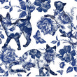 Load image into Gallery viewer, Blue Chinoiserie Cat Fabric, Vintage Toile Floral Textiles, Whimsical Upholstery Material by the Yard, Classic Blue Decor Fabric
