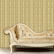 Load image into Gallery viewer, Vintage Gold Baroque Stripe Wallpaper with a gold velvet sofa.