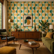 Load image into Gallery viewer, Retro Geometric Wallpaper – Mid Century Modern Mod Circle Pattern in Green & Mustard, 70s Wall Decor