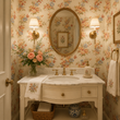 Load image into Gallery viewer, Marble countertops, polished brass fixtures, and delicate floral décor complement the timeless Alesia Close wallpaper from Pickwick & Elm.