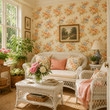 Load image into Gallery viewer, Bathed in natural light, this cozy wicker sunroom showcases Pickwick & Elm Alesia Close wallpaper paired with fresh flowers and pastel accents.