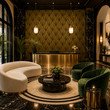 Load image into Gallery viewer, Luxury boutique hotel lobby with sculptural seating, polished brass reception desk, black marble floors, and Pickwick & Elm Hutton Art Deco wallpaper.