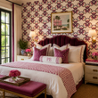 Load image into Gallery viewer, Reese Way wallpaper by Pickwick & Elm in a Palm Beach bedroom with a plum velvet headboard, white bedding, brass lighting, and tropical accents.