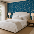 Load image into Gallery viewer, Temple Blue bamboo wallpaper by Pickwick & Elm behind a soft upholstered bed with white linens, oak nightstands, and neutral coastal bedroom decor.