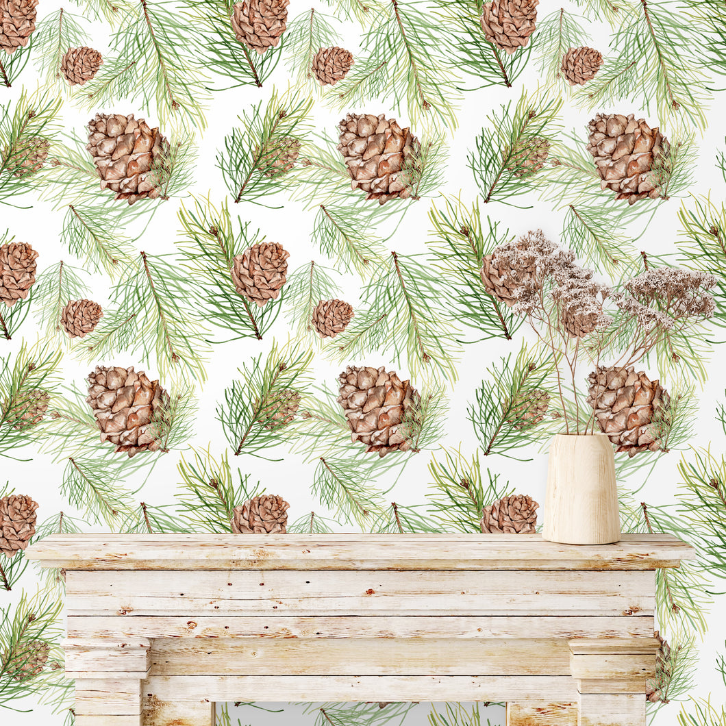 Asher Autumn Fall Woodland Forest Branches with Pine Cones Peel and Stick and Traditional Wallpaper