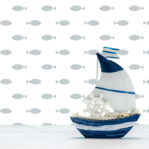 Beach house blue nautical coastal fish fabric peel and stick wallpaper with blue decorative sailboat