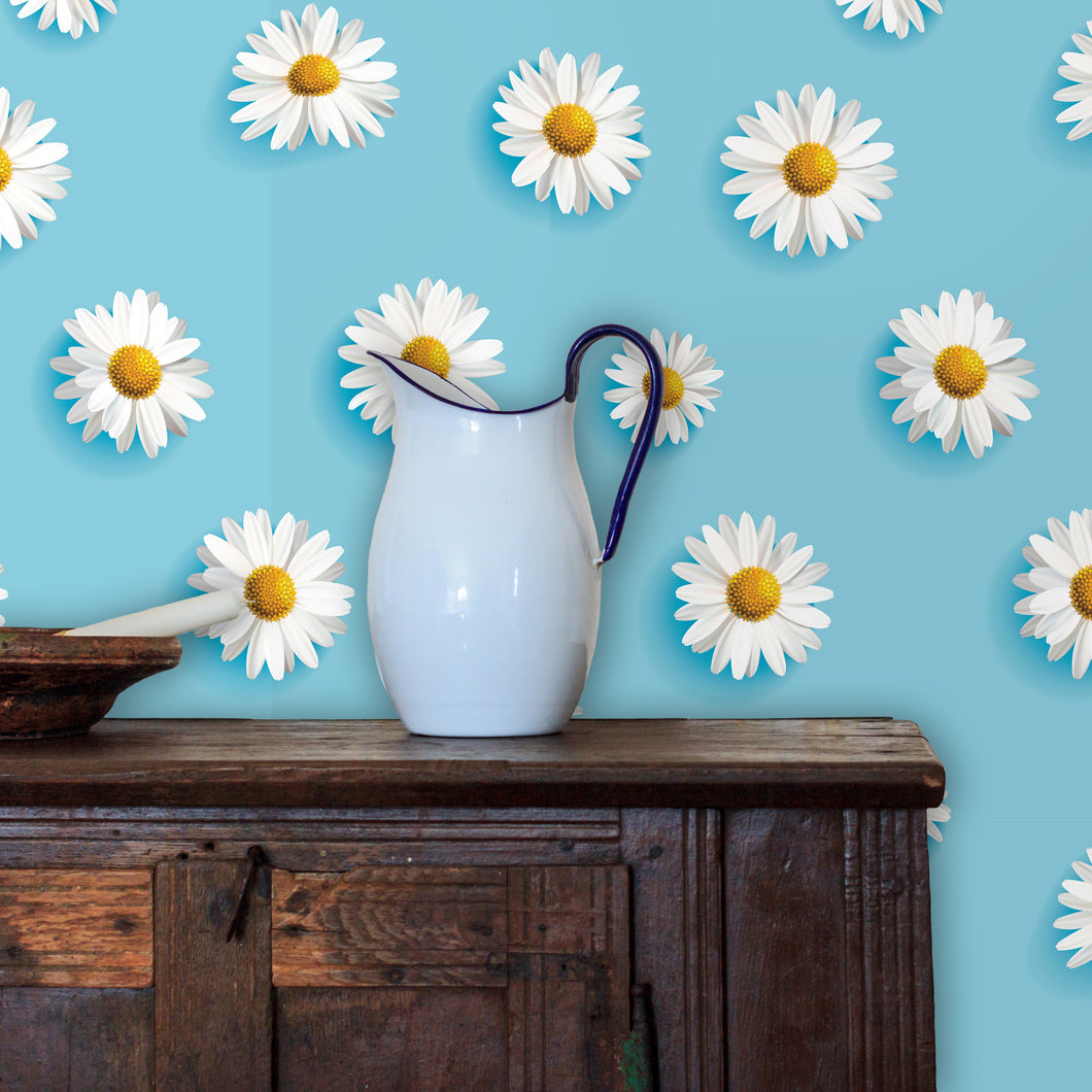 Charity Blue Floral Design with White Daisies Peel and Stick and Traditional Wallpaper