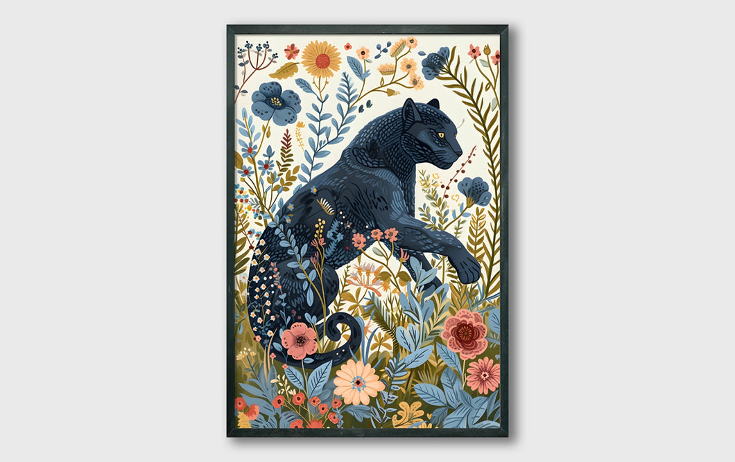 Black Panther Jungle Cat Botanical Wall Art Print