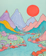 Load image into Gallery viewer, Pastel Mountains with Stream and Sun Print
