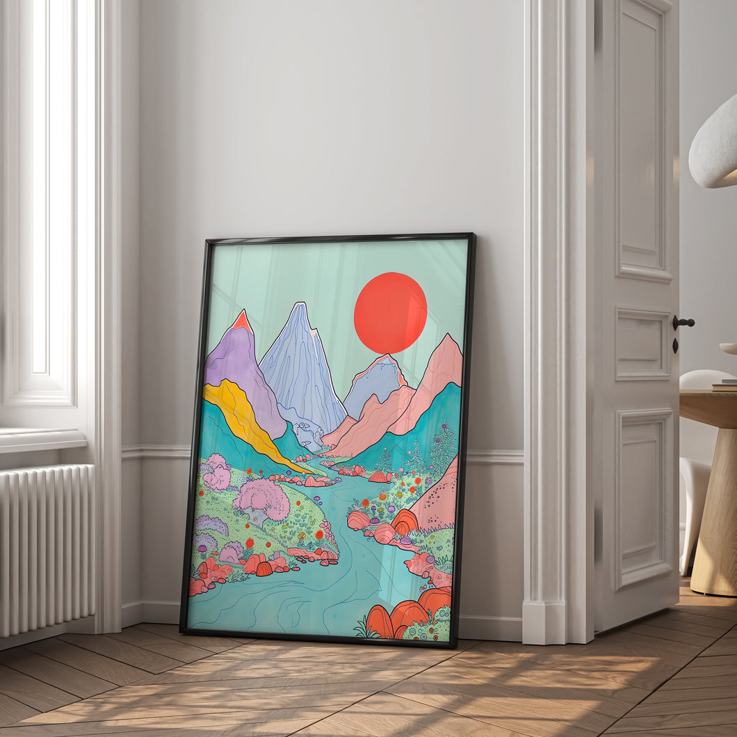 Pastel Mountains with Stream and Sun Print