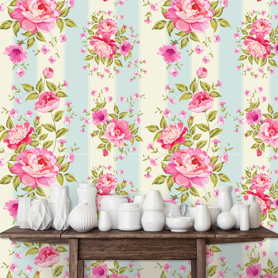 Aimee Victorian Striped Pink Floral Peel and Stick and Traditional Wallpaper