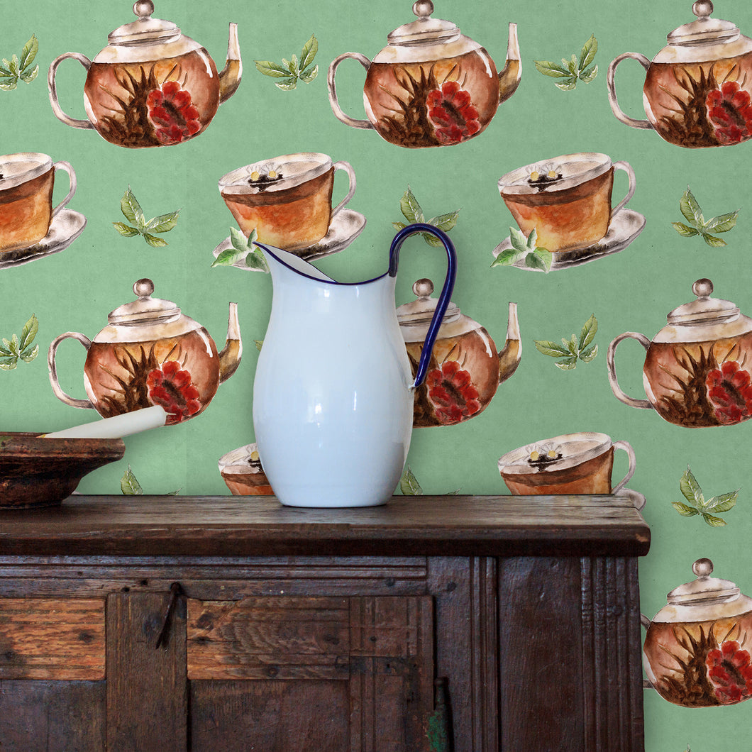 Estel Avenue Victorian Teacup and Teapot Peel and Stick Wallpaper